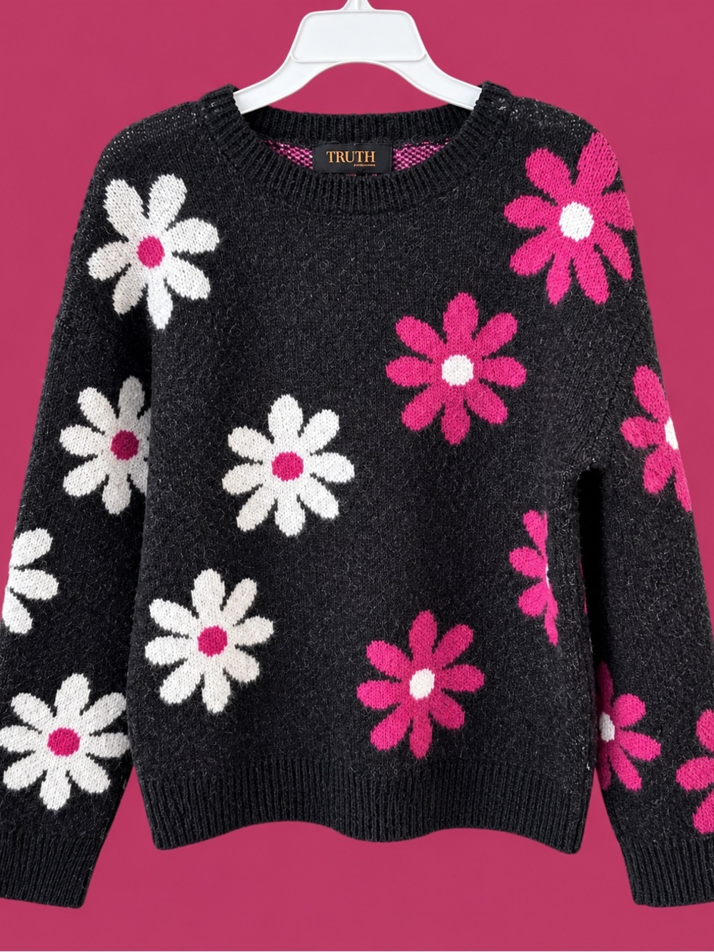 TRUTH Black Crewneck Sweater with Pink and White Daisy Pattern